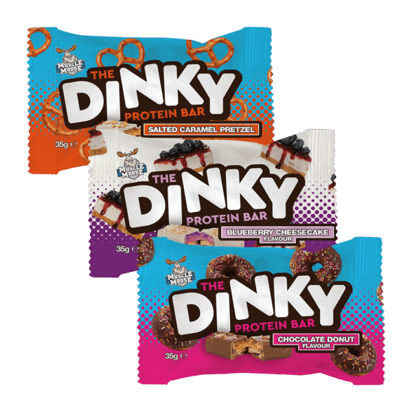 The Dinky Protein Bar Mixed Box - 3 x Blueberry Cheesecake, 3 x Choccy Heaven, 3 x Choc Donut & 3 x Salted Caramel Pretzel